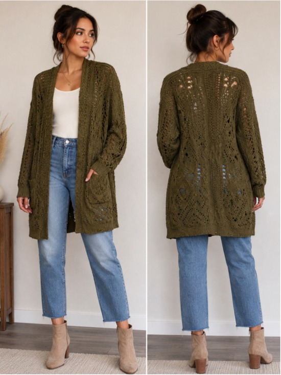 Free People Sweaters - Free People Olive Green Open Knit Cardigan Sweater Women's SP Boho